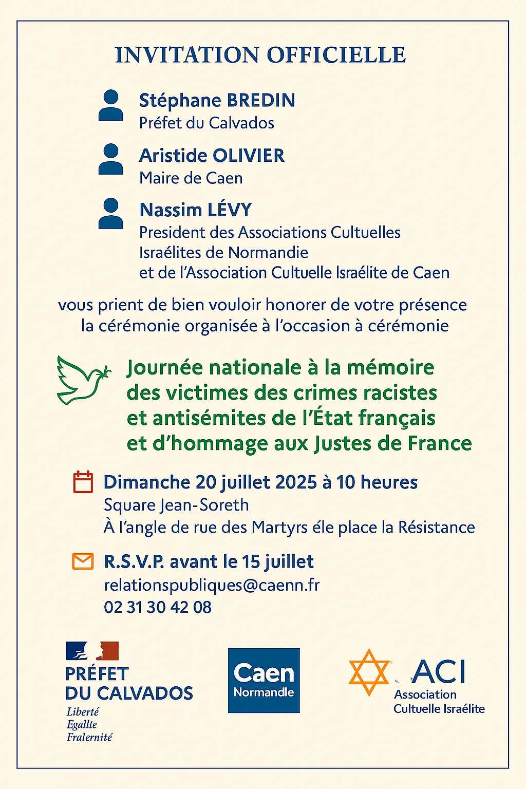 Caen | Journée nationale à la mémoire des victimes des crimes racistes et antisémites de l’État français et d’hommage aux Justes de France dimanche 20 juillet 2025 à 10 heures